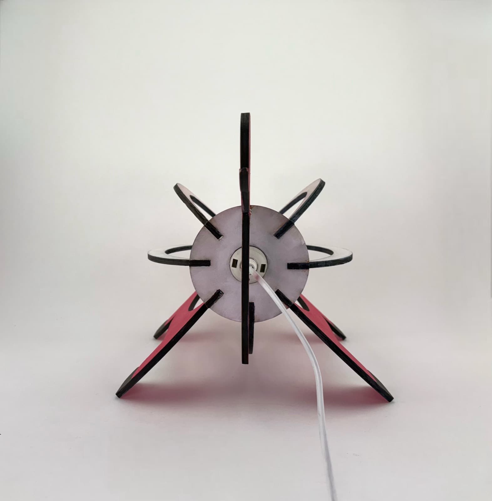 Back view of the pig lamp showing the wooden support structure and cord