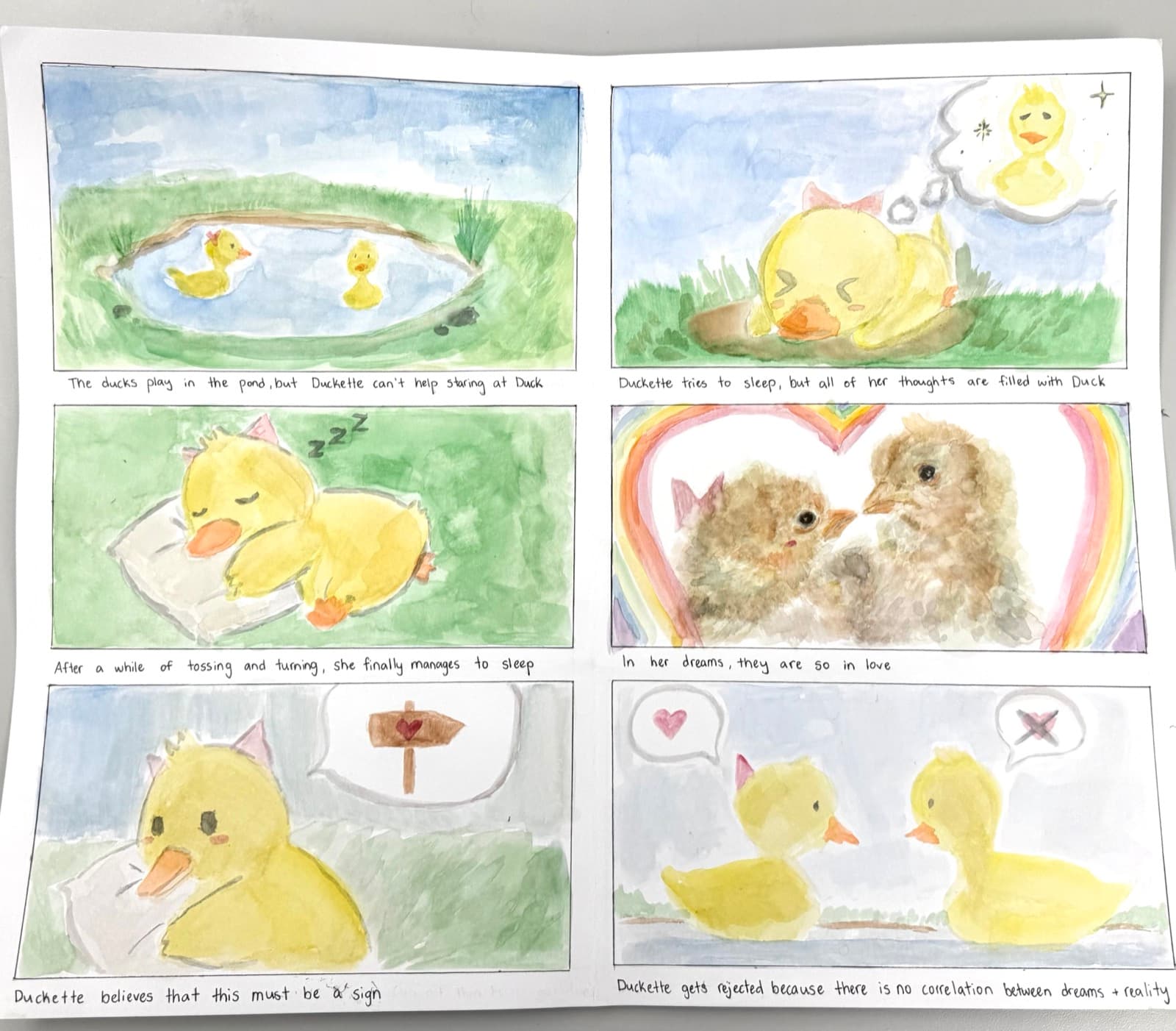 Six-panel watercolor comic strip about a duck named Duckette