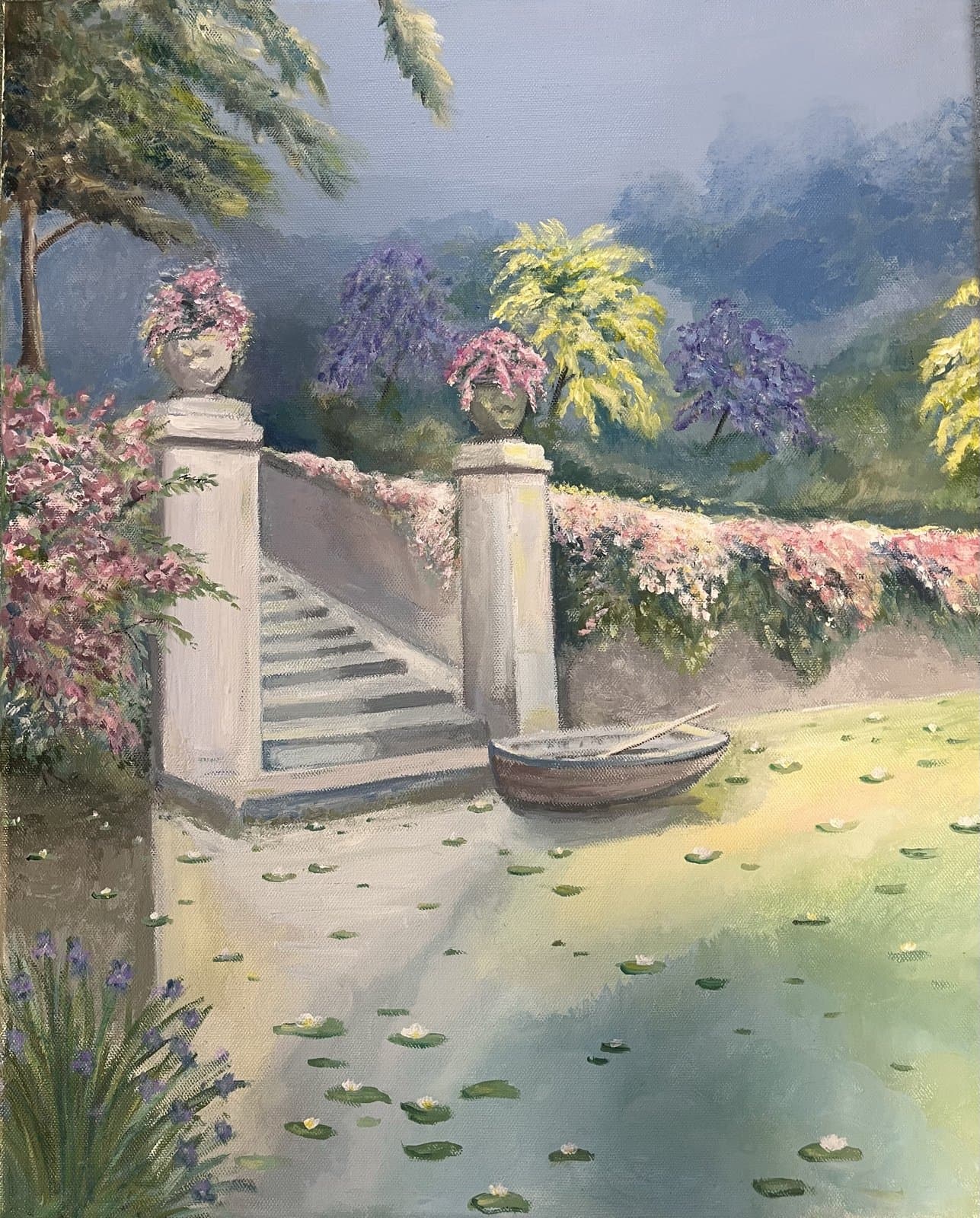 Painting of a garden staircase, rowboat, and lily pond