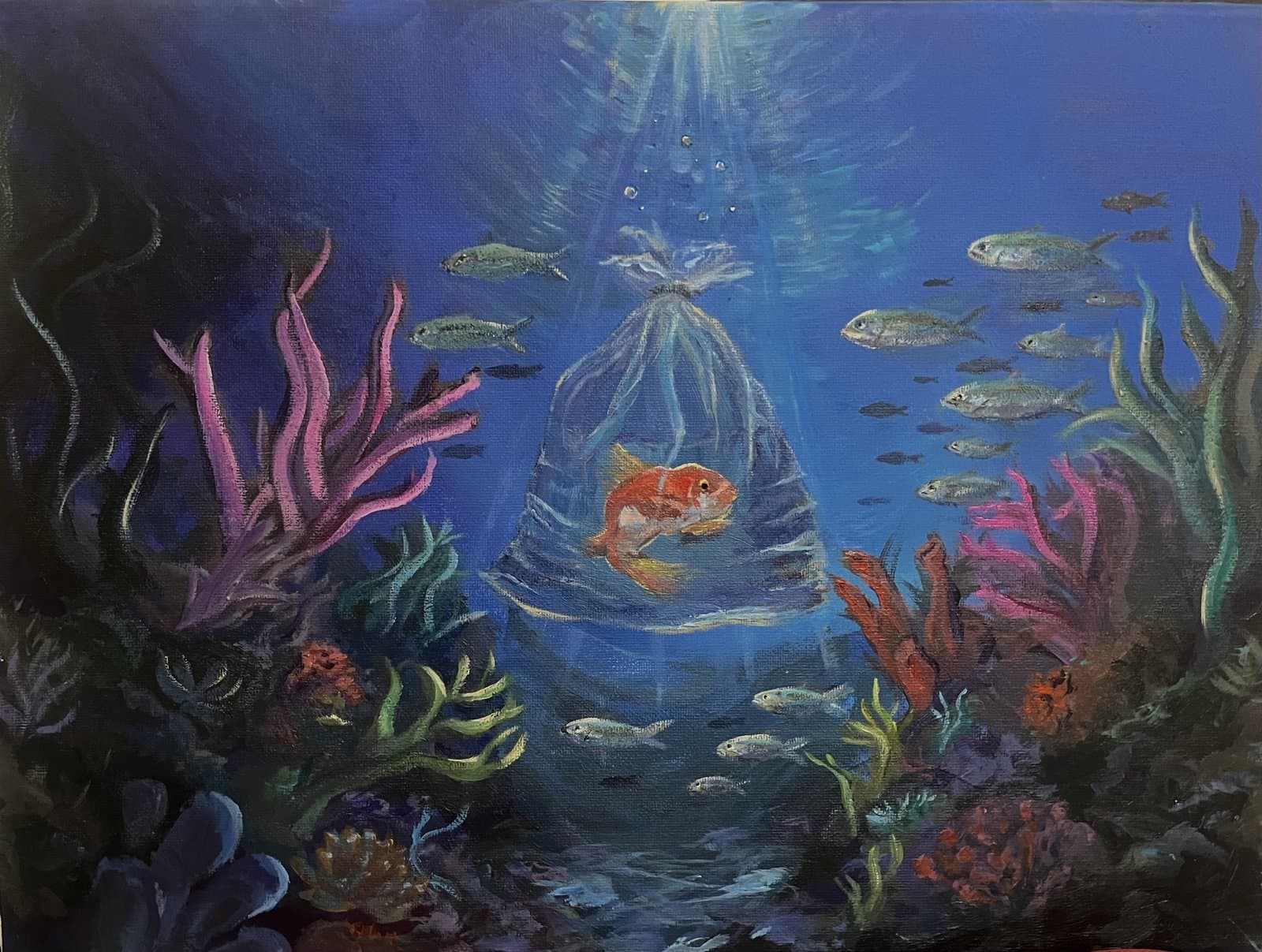 Painting of a goldfish inside a bag underwater, surrounded by fish and coral