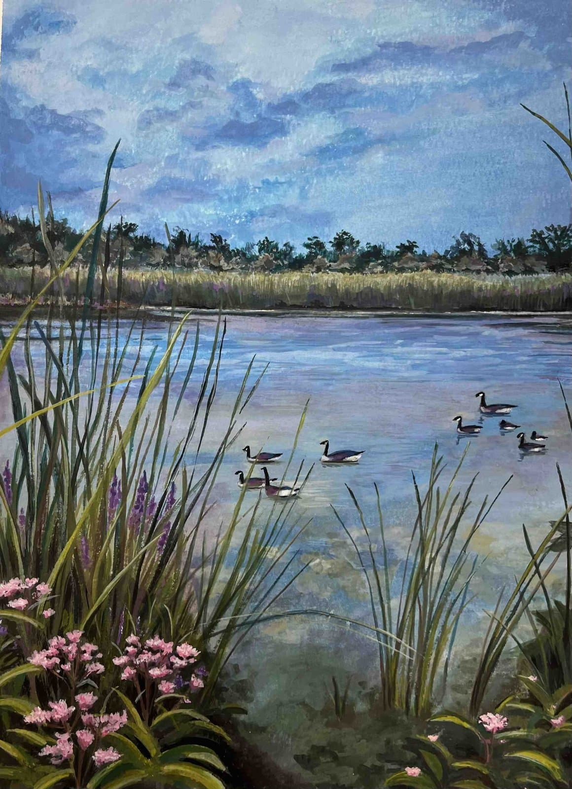 Painting of Canada geese on a lake surrounded by reeds