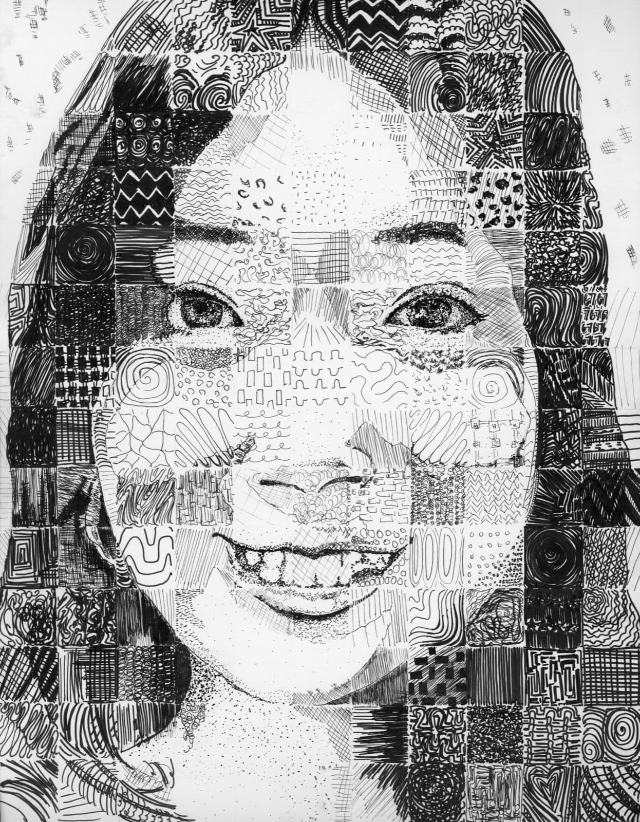Pen and ink portrait built from a patchwork of hand-drawn textures and patterns