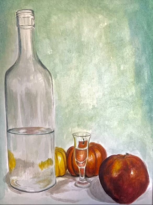 Still life painting of a glass bottle, apple, and pumpkins