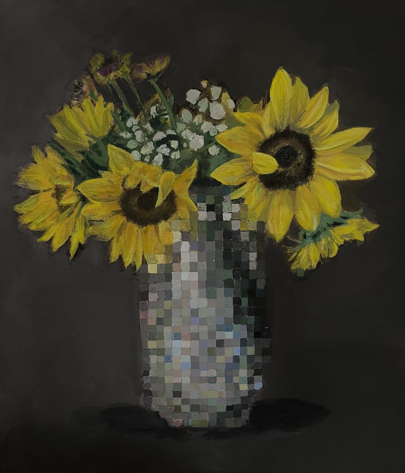 Still life painting of sunflowers in a mosaic vase