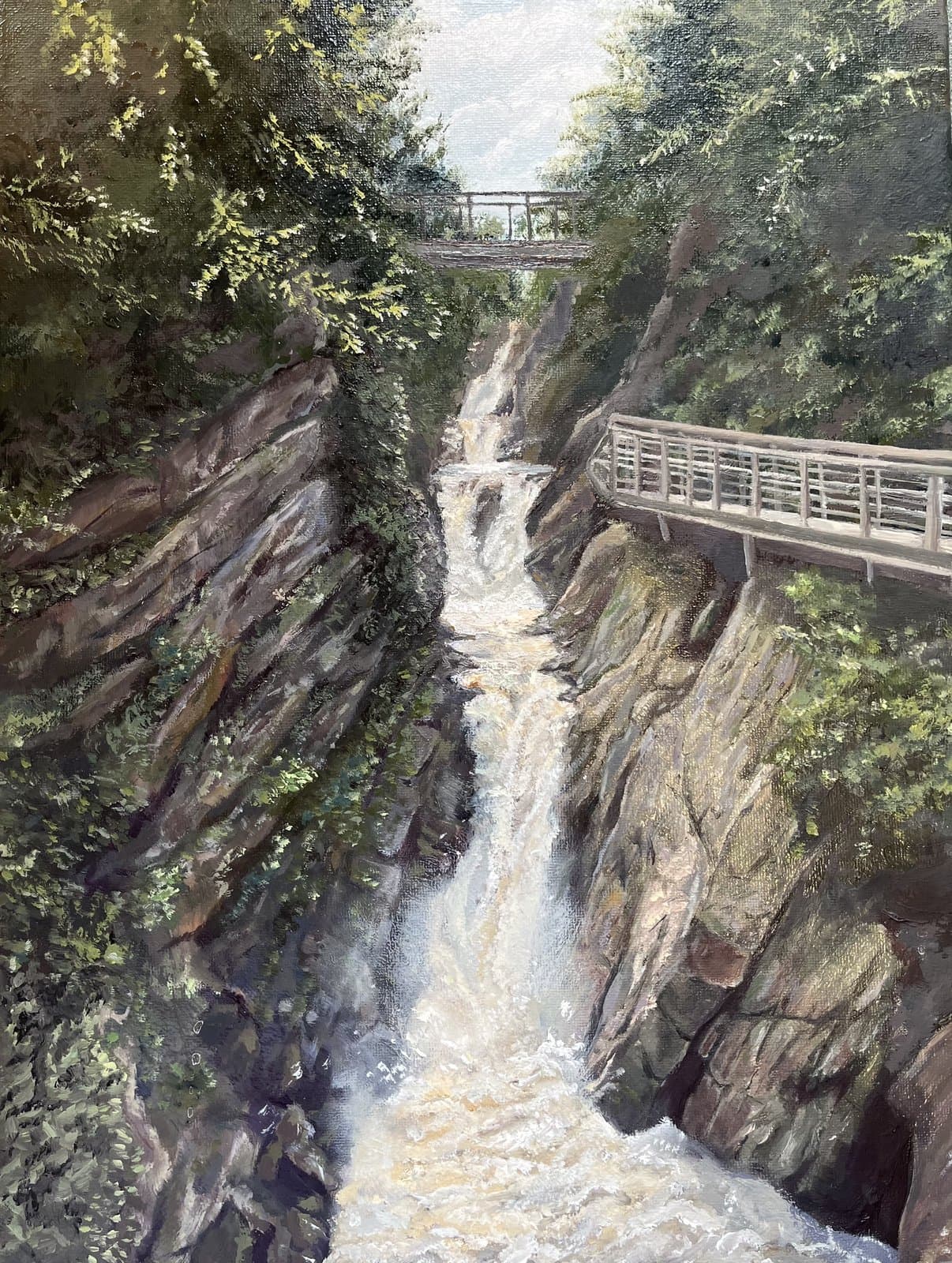 Painting of a waterfall running through a rocky gorge