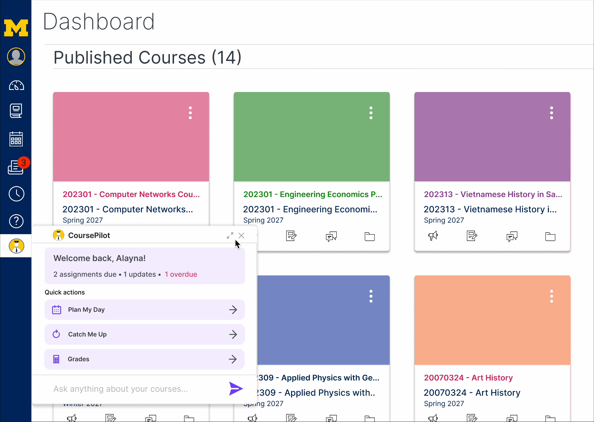 CoursePilot popup open over the Canvas dashboard: a welcome summary of 2 assignments due, 1 update, and 1 overdue, with Plan My Day, Catch Me Up, and Grades quick actions and an Ask anything input.