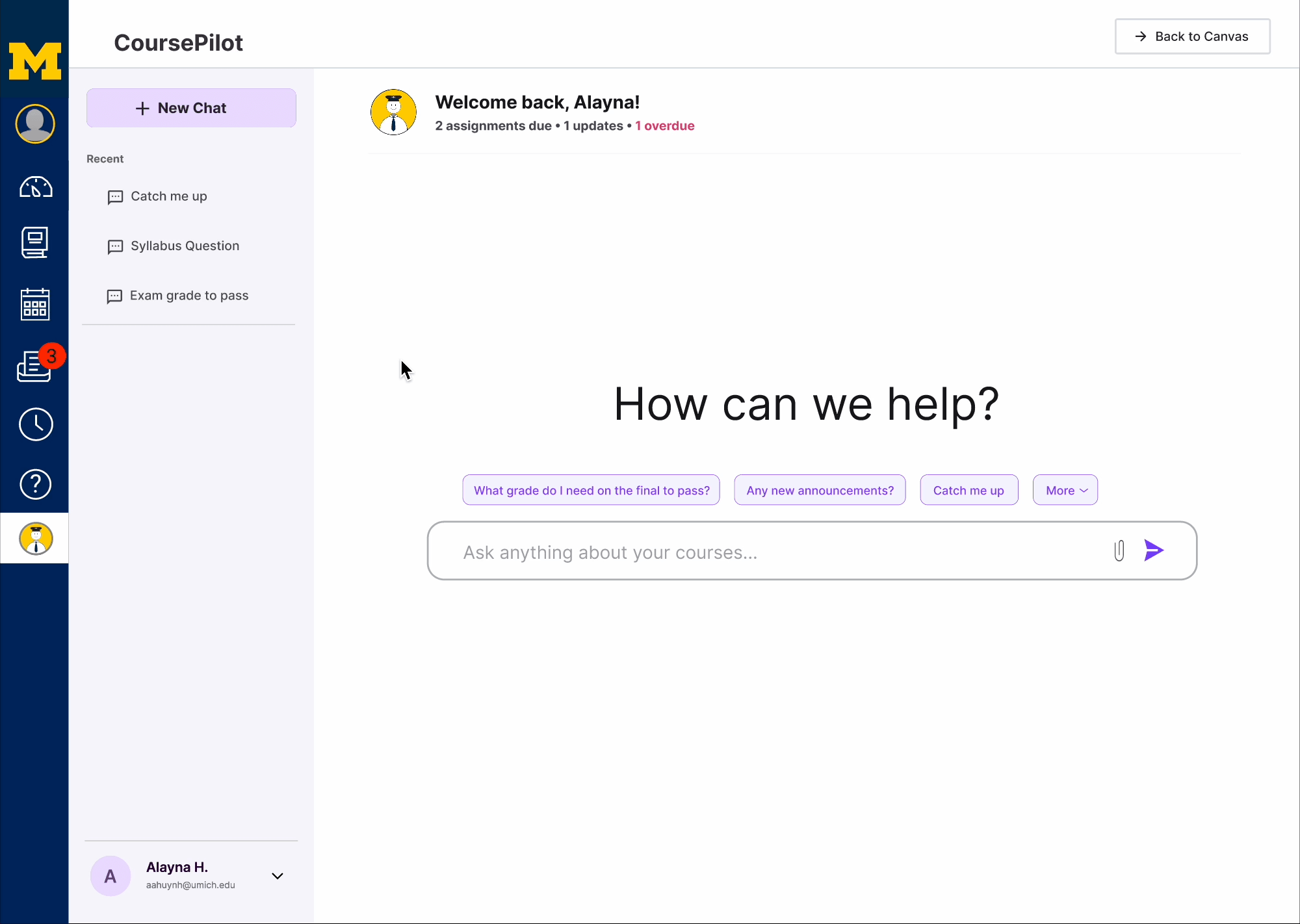 Full CoursePilot workspace in its New Chat state: recent chats in a sidebar, a How can we help? prompt, suggested questions, and an Ask anything input.