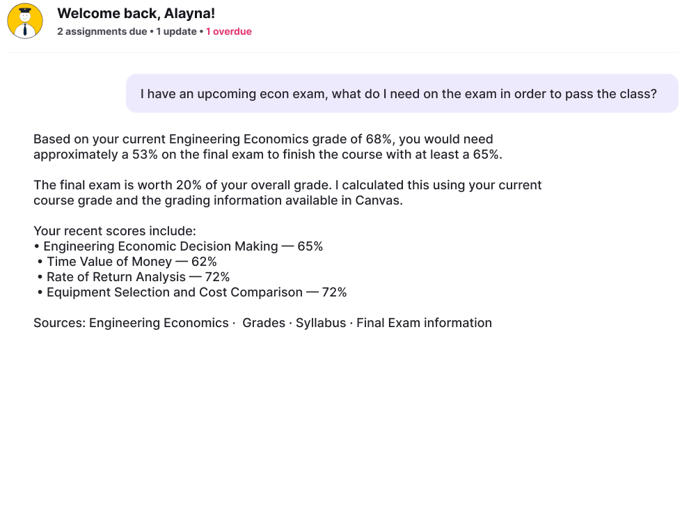 Early grade calculation response: a plain conversational paragraph stating the required exam score and listing recent grades as text.