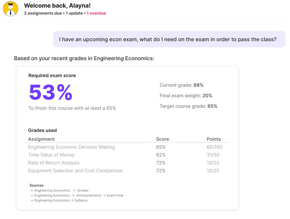 Final grade calculation response: a structured card UI with the required exam score, current grade, exam weight, a grades-used table, and source links.