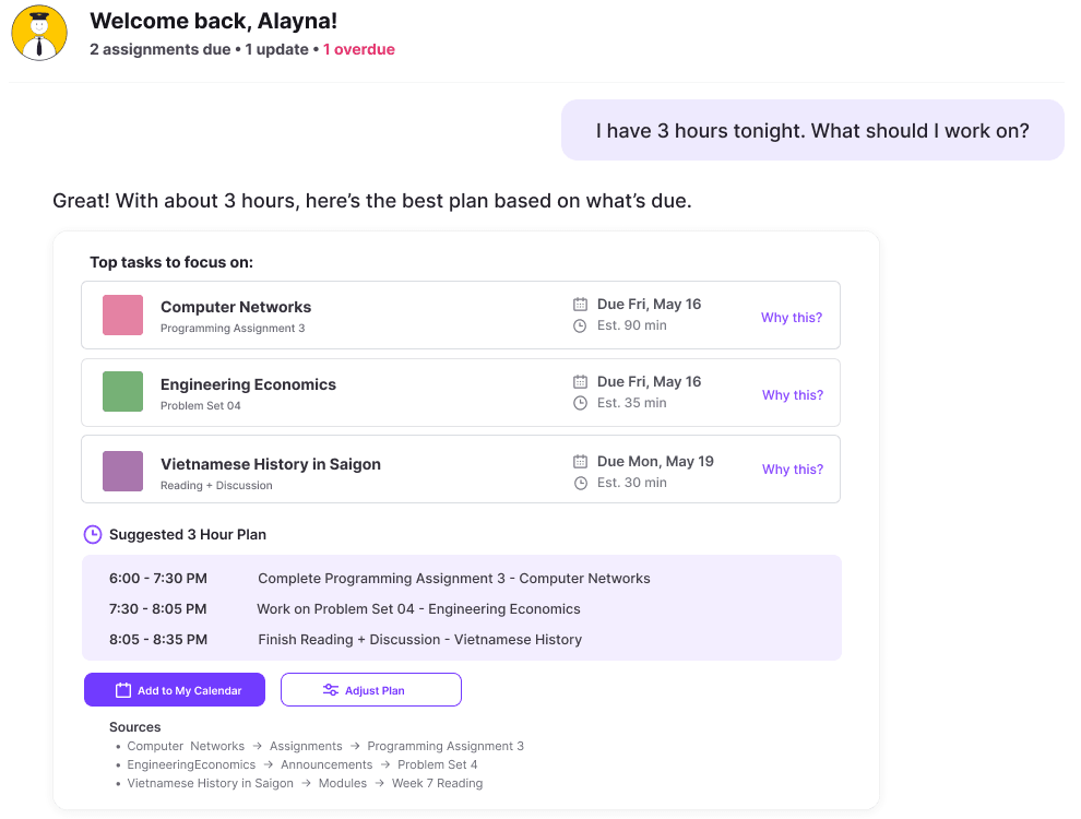 Final Plan My Night response: a structured card UI with top tasks, due dates, a suggested 3-hour plan, and source links.