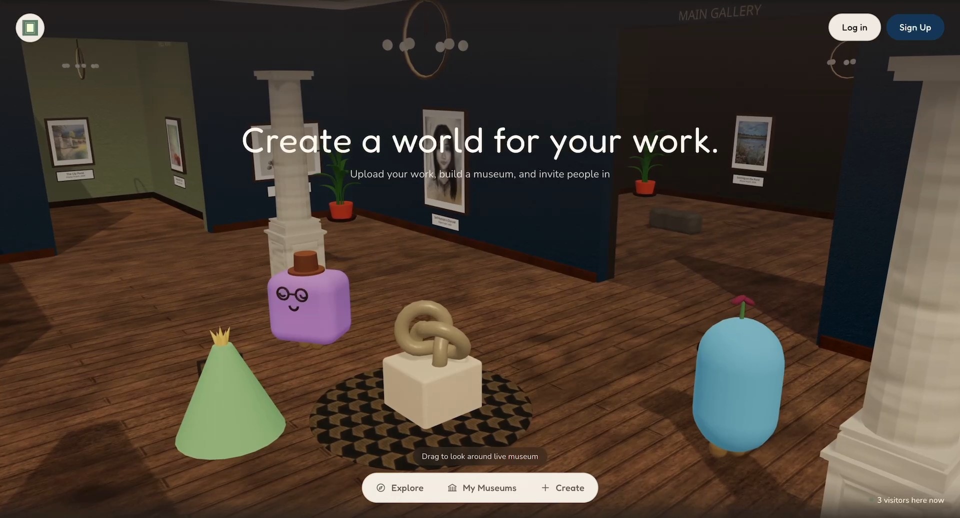 MyMuseum's landing page: a 3D gallery with visitor avatars around a sculpture, under the headline 'Create a world for your work.'