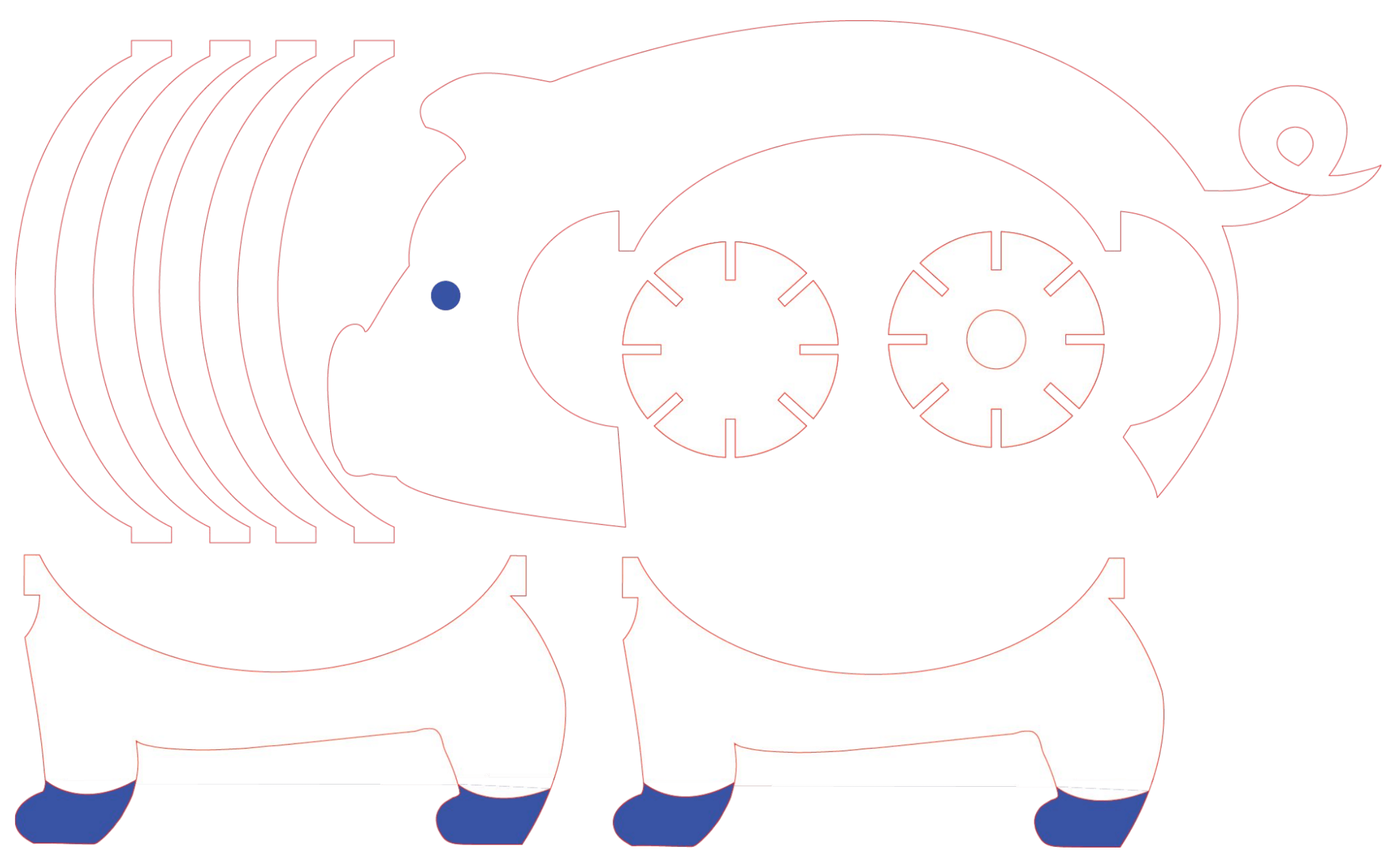 Illustrator laser-cut file: four arc-shaped ribs with tabbed ends, the pig silhouette with its curled tail, two slotted rings, and two leg panels with hooves marked in blue.