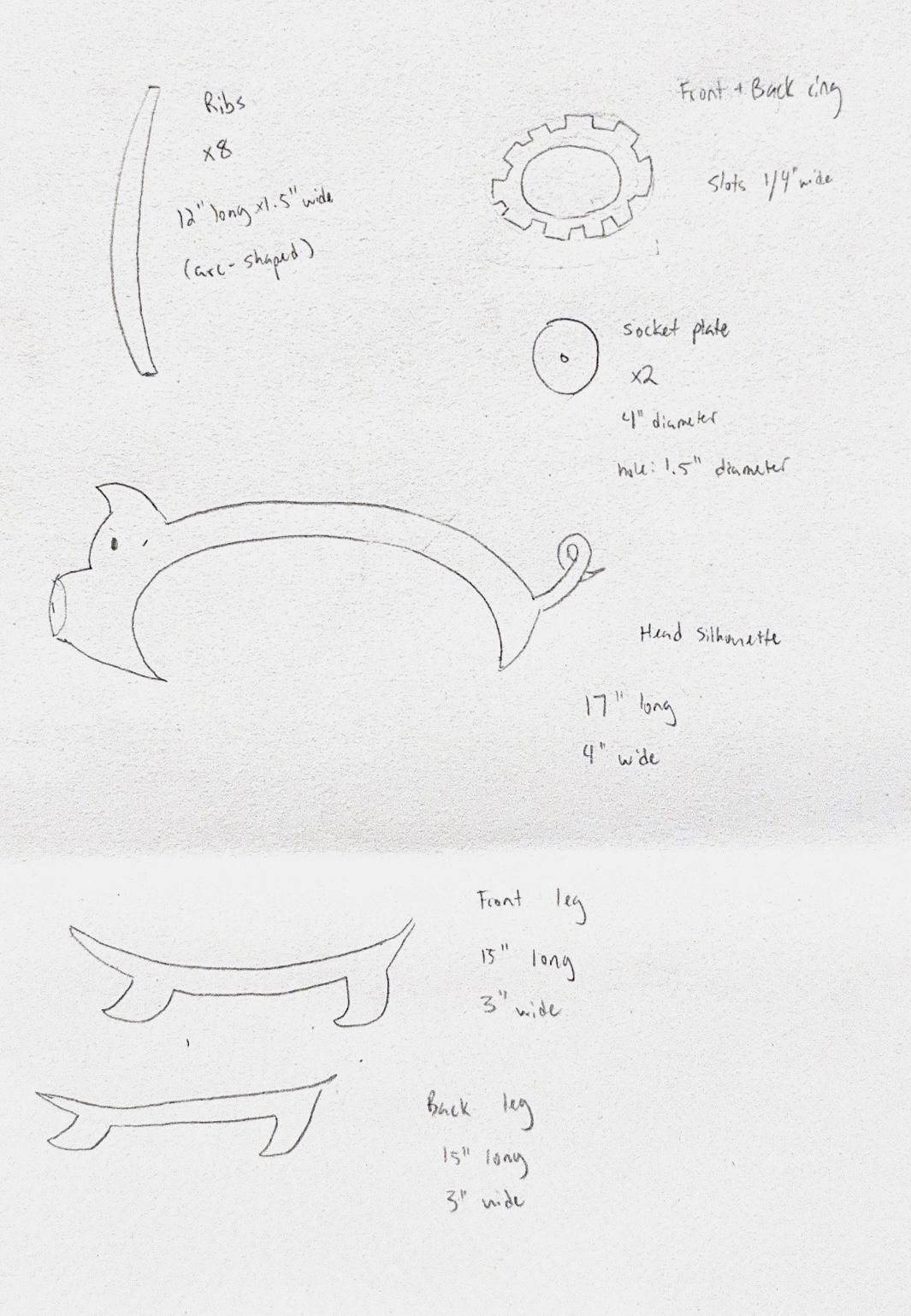 Pencil sketch of every part with dimensions: eight arc-shaped ribs, slotted front and back rings, two socket plates, the head silhouette, and front and back legs.