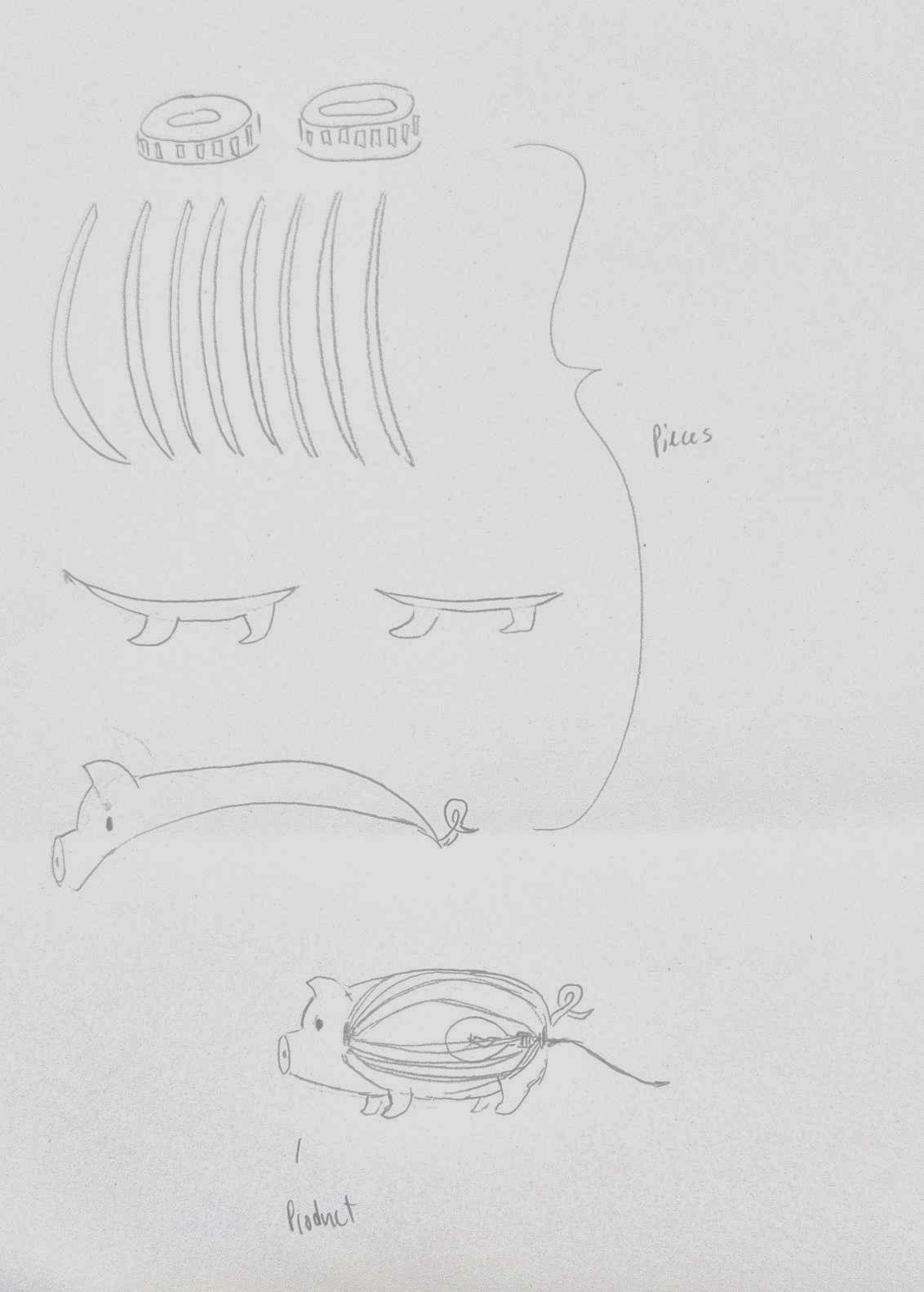 Pencil sketch grouping the pieces — rings, ribs, legs, and silhouette — with an arrow down to a small drawing of the assembled pig lamp.