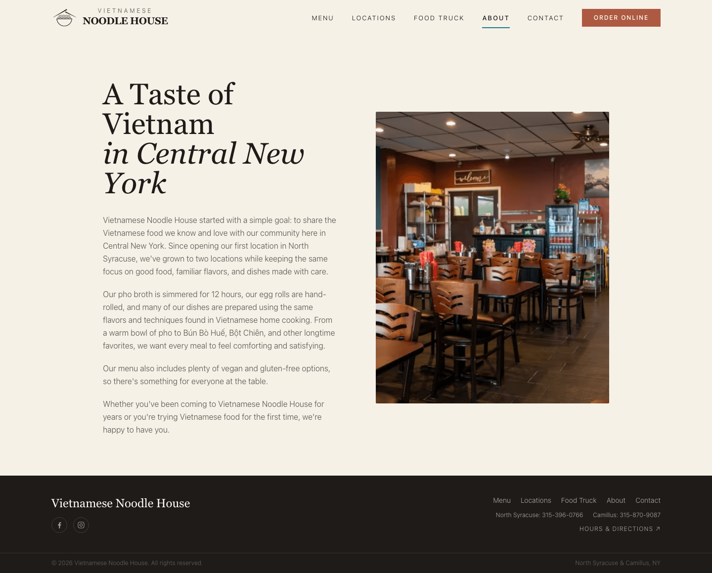 The redesigned About page on desktop, with a restaurant photo filling the space that used to be an empty gap beside the text.