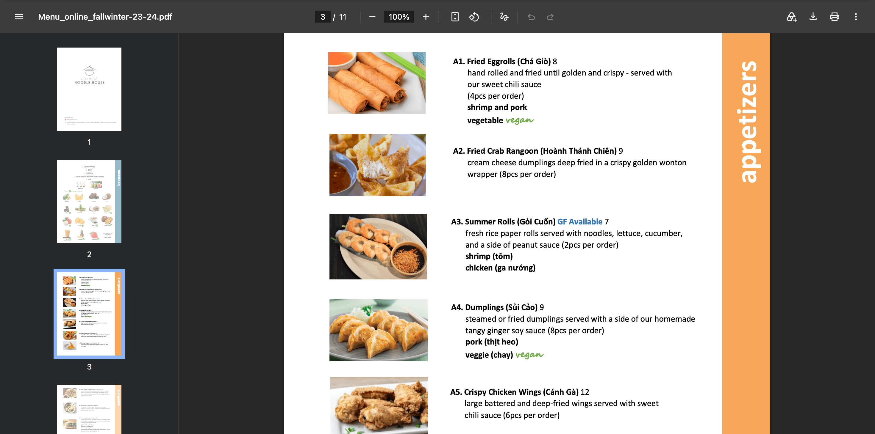 The old site's menu on desktop: View Menu opened Menu_online_fallwinter-23-24.pdf, an 11-page PDF, in the browser's PDF viewer.