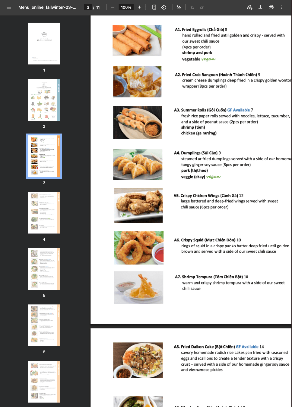 The same PDF menu on a phone: page 3 of 11, with item descriptions running off the right edge of the screen.