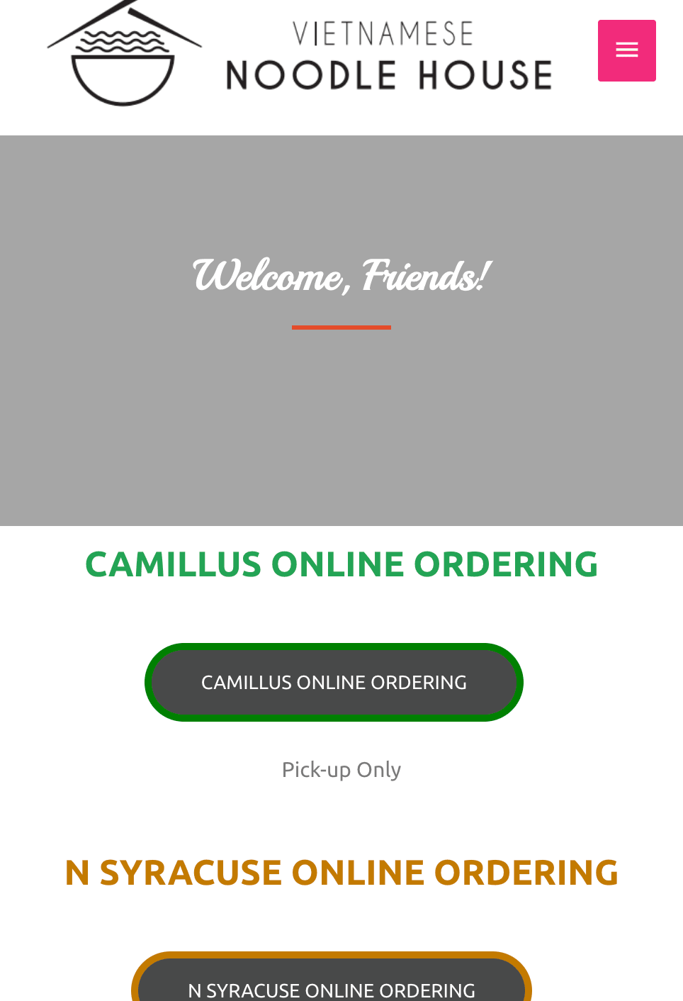 The same ordering buttons on the old mobile site, stacked, with no address, hours, or map for either location.
