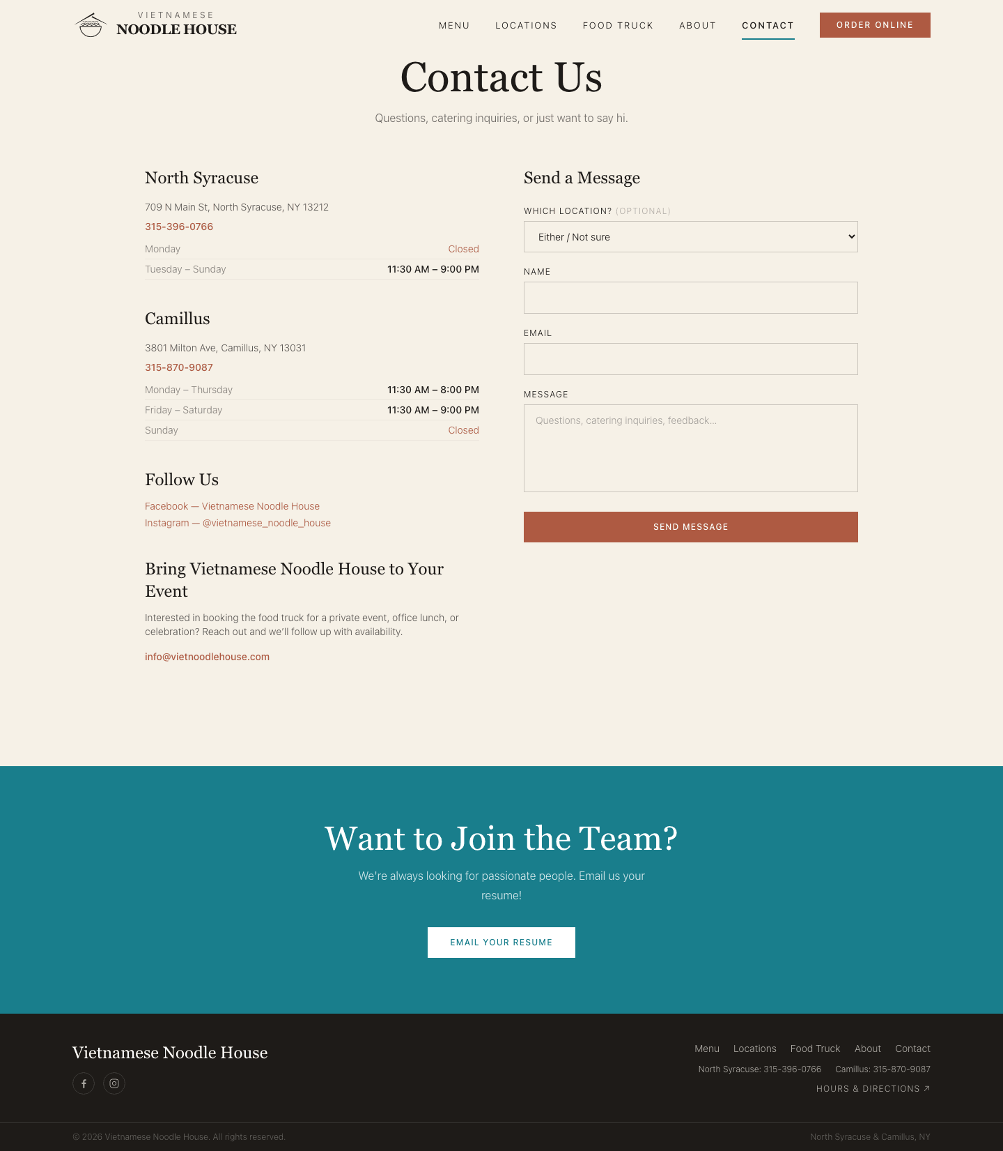 The Contact page on desktop: both locations' hours and phone numbers beside a Send a Message form.