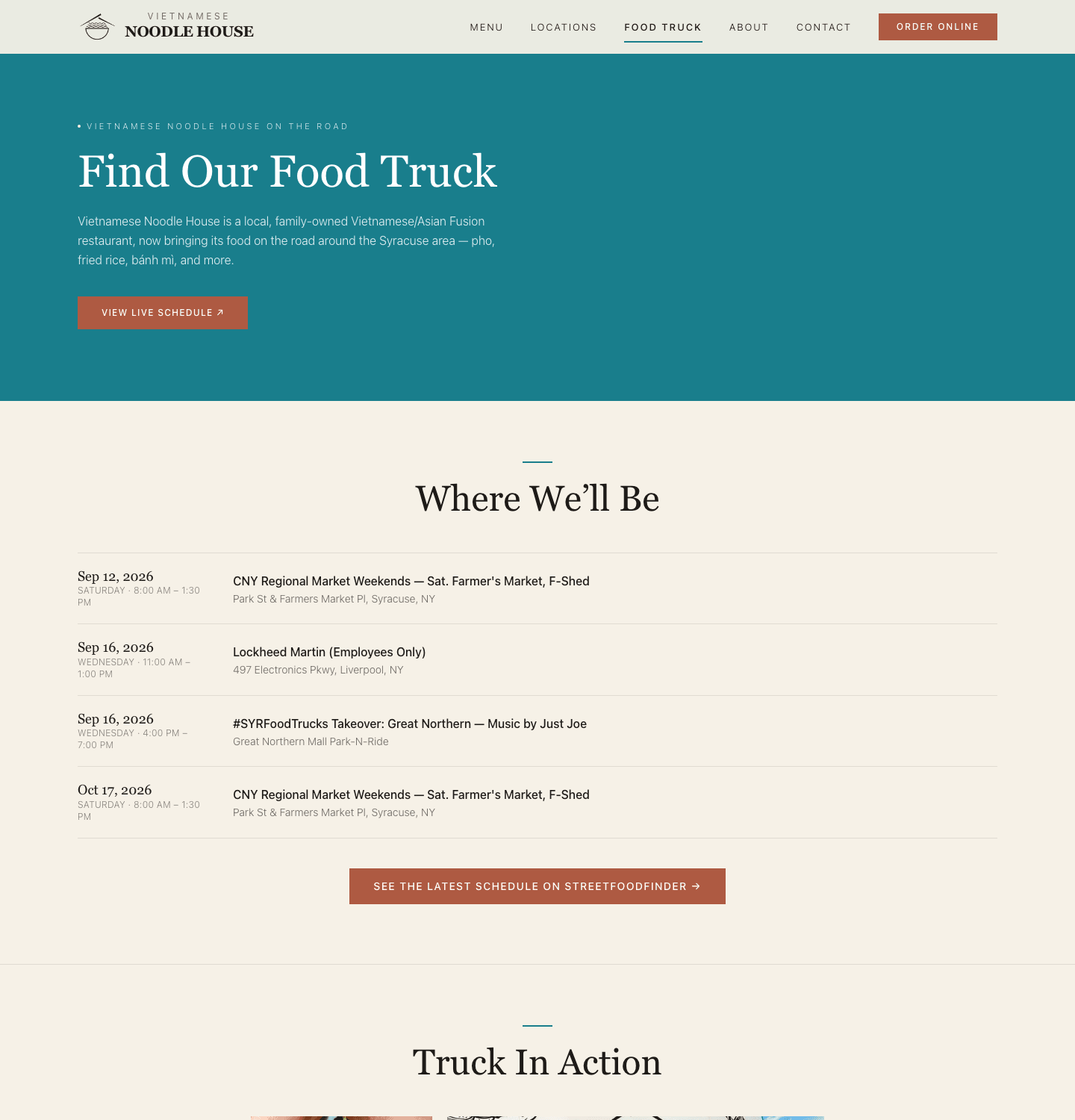 The new Food Truck page on desktop: a teal hero and the 'Where We'll Be' schedule of upcoming stops.