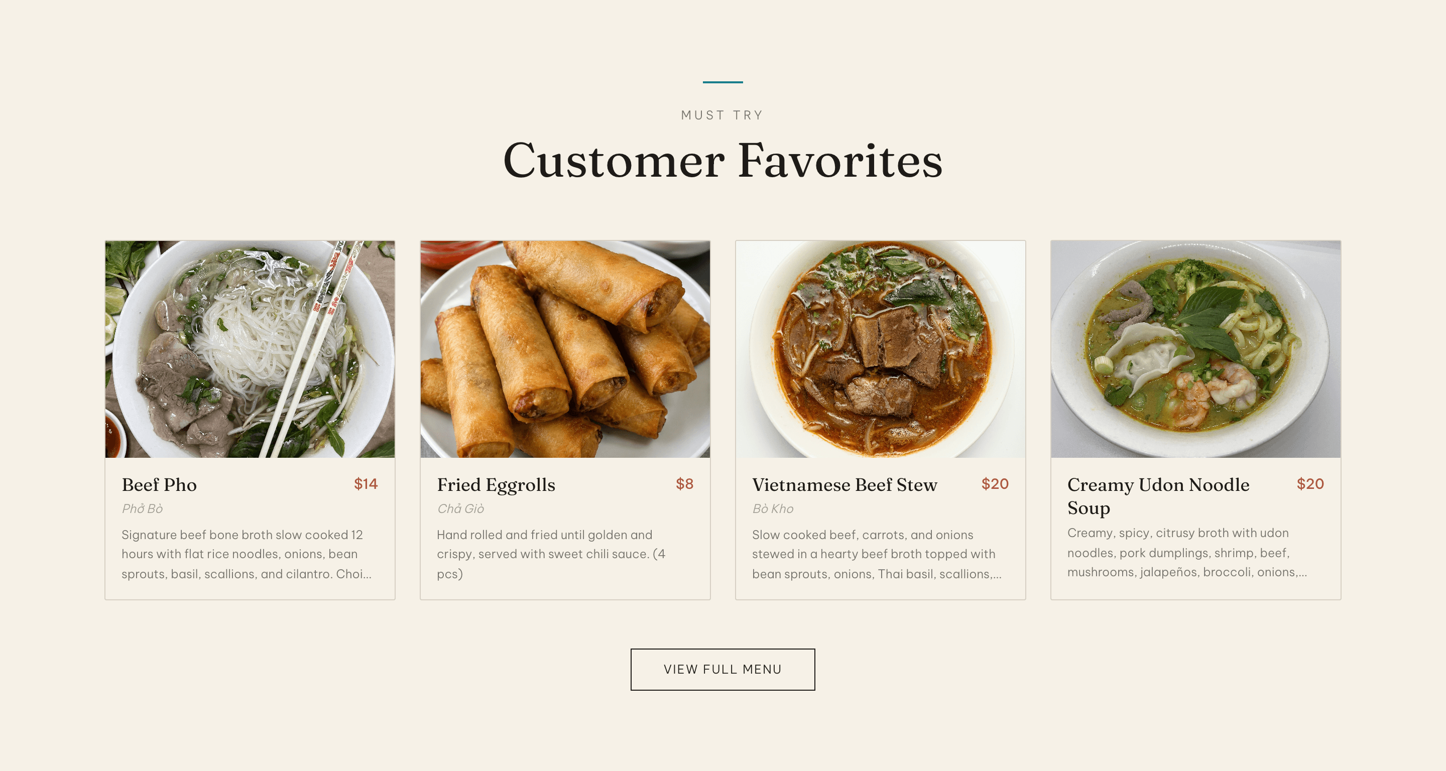 The 'Customer Favorites' section of the redesigned homepage on desktop, with real photography for each dish.