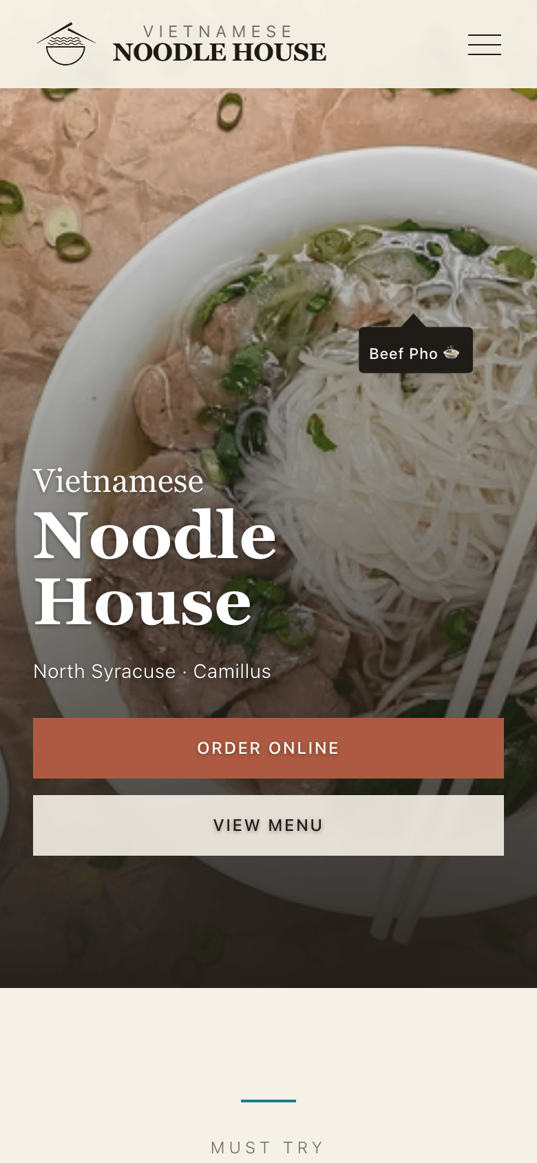 The redesigned homepage hero on mobile: the same food photography, a scrim behind the heading for legibility, and Order Online as the primary filled button.