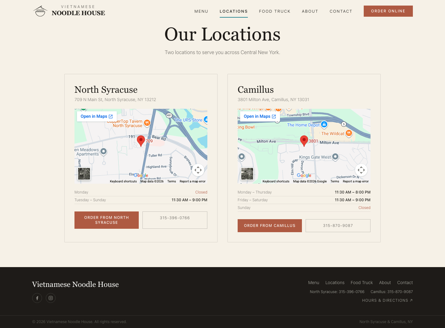 Step 1 on desktop: two location cards, North Syracuse and Camillus, side by side, each with its address, a map, hours, and an order button.