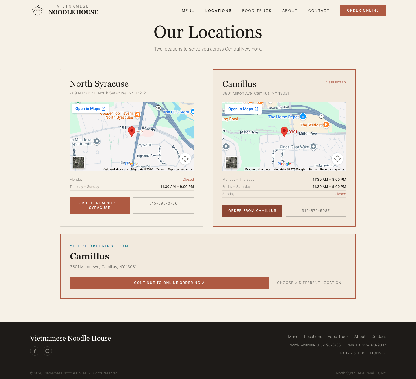 Step 2 on desktop: the selected Camillus card is highlighted and a 'You're ordering from Camillus' panel with its address appears below the grid, with Continue to online ordering and Choose a different location.