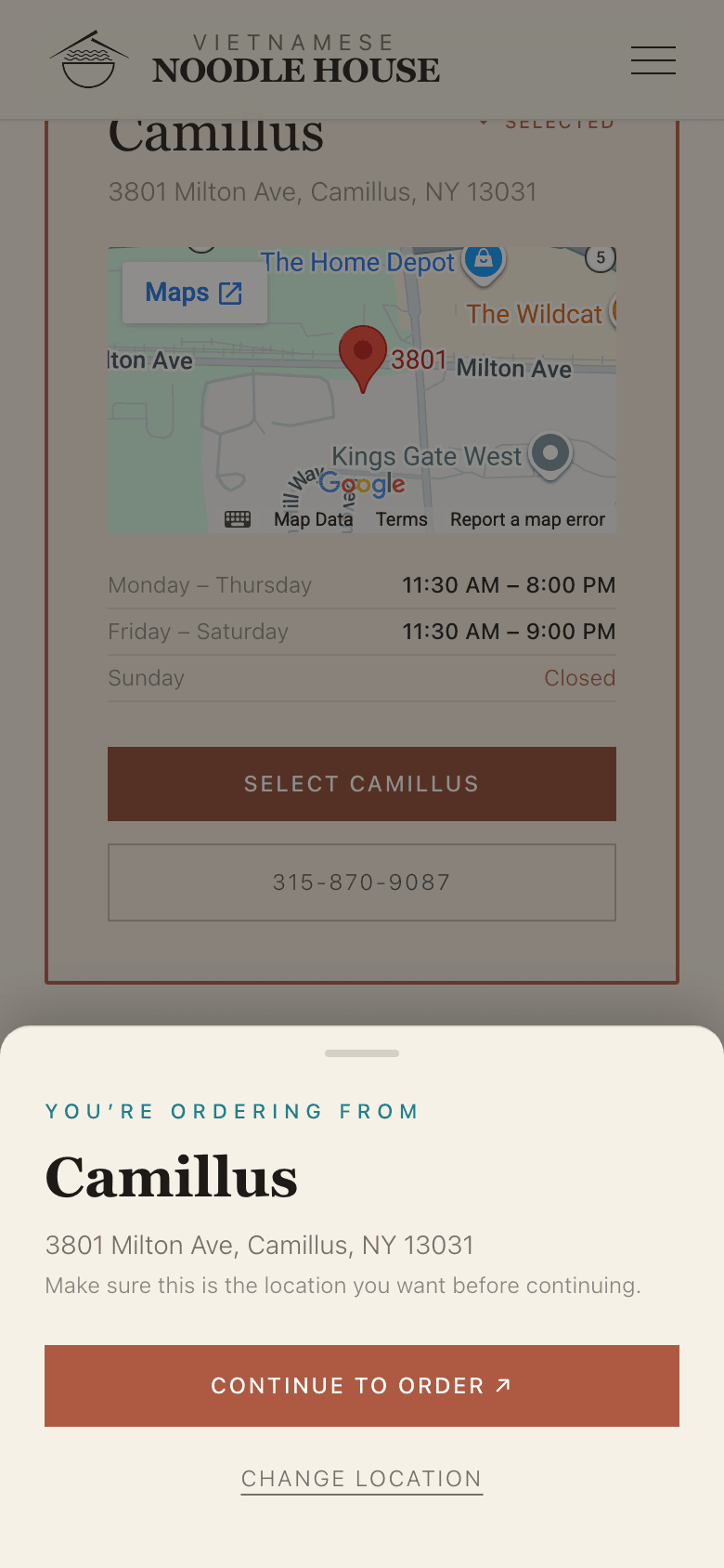 Step 2 on mobile: a bottom sheet over the list reading 'You're ordering from Camillus' with the address, Continue to order, and Change location.