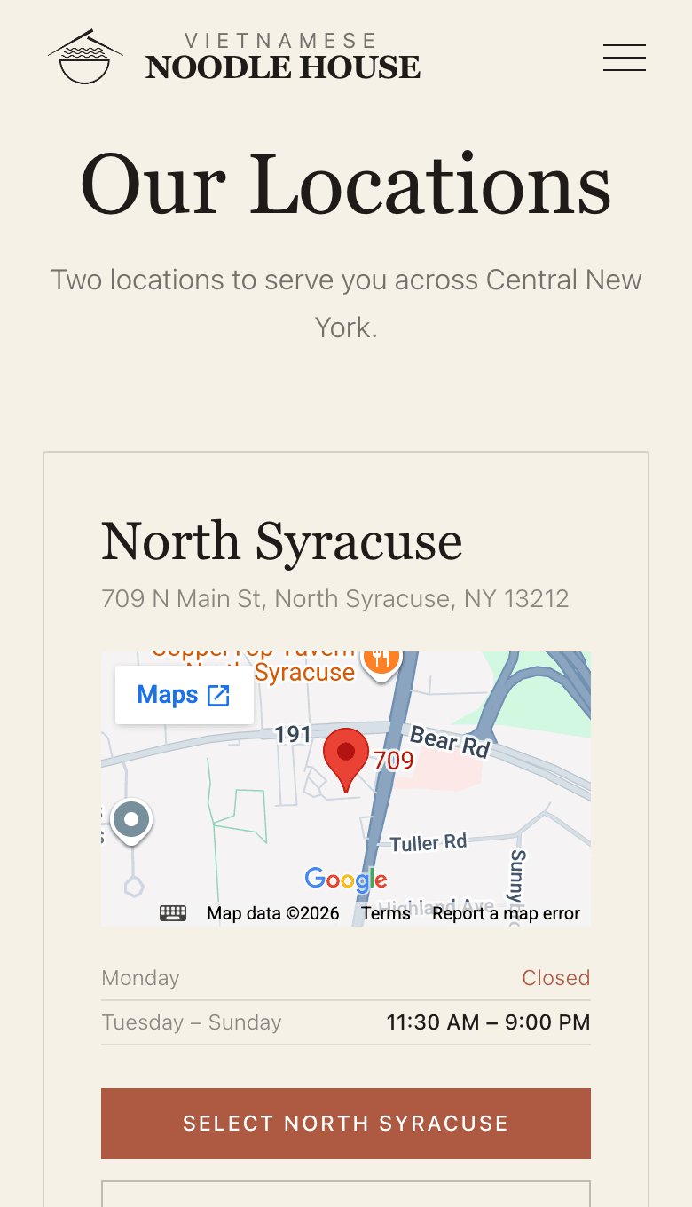 Step 1 on mobile: the North Syracuse location card, the first of two stacked cards.