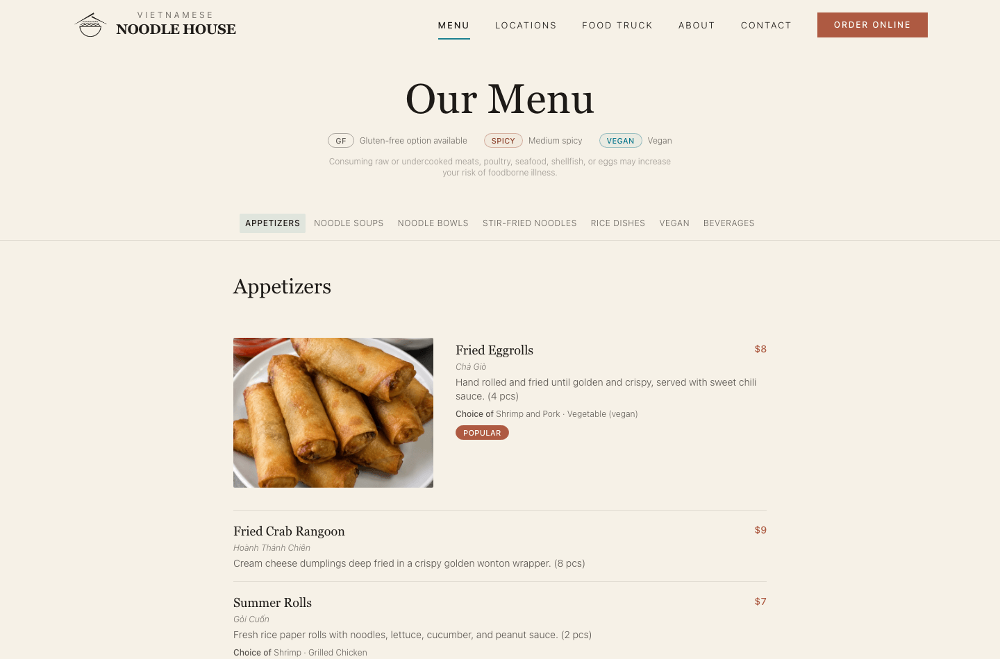 The top of the redesigned menu page on desktop: dietary legend, the category nav, and the Appetizers category with a real photo for Fried Eggrolls.