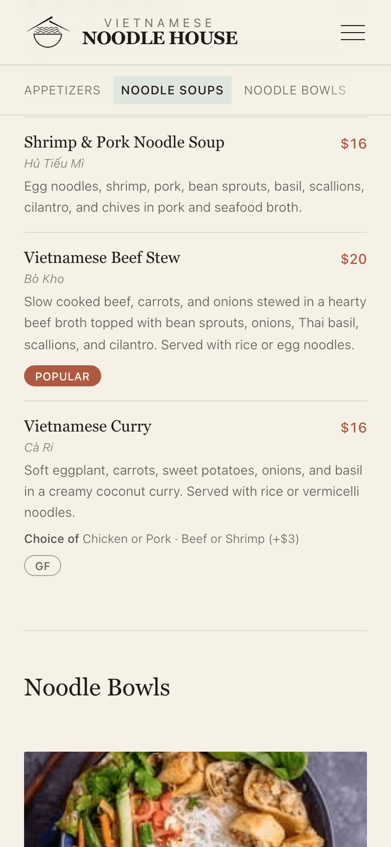The menu page on mobile mid-scroll, with the sticky category nav pinned at the top and the current category auto-highlighted by scroll-spy.