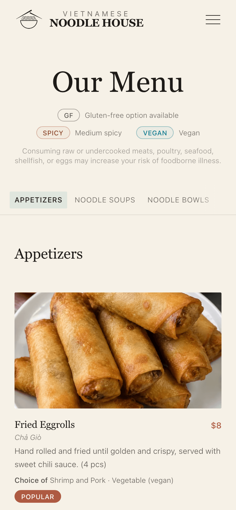 The top of the redesigned menu page on mobile, before scrolling into the category list.