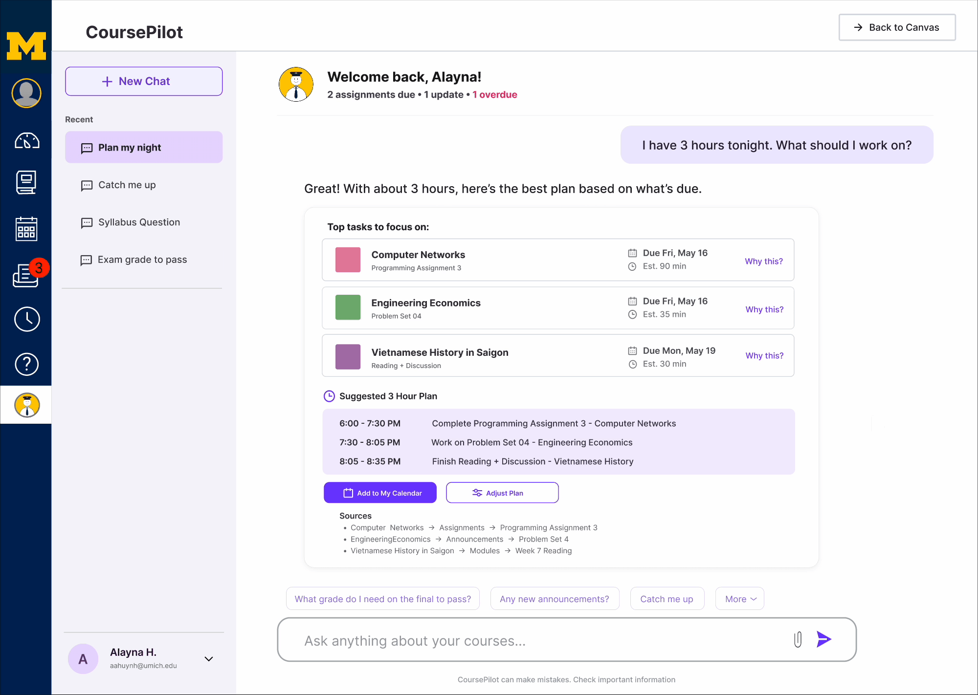 CoursePilot's Plan My Night response: top tasks with due dates, estimated time, and Why this? links; a suggested 3-hour schedule; Add to My Calendar and Adjust Plan buttons; and source links.