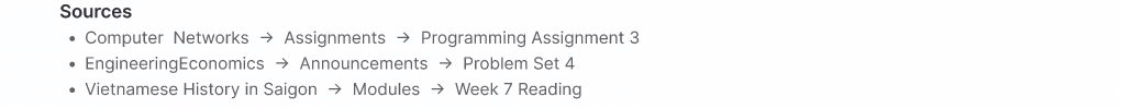 Cropped sources list linking a recommendation back to its originating Canvas assignments and announcements