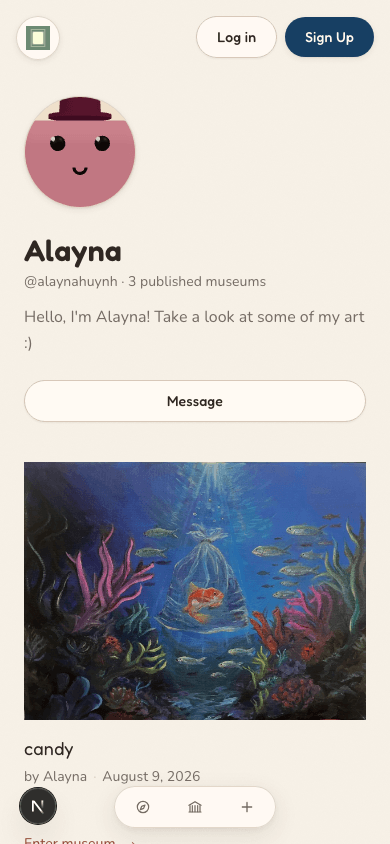 The same artist profile reflowed into a single mobile column, museum cards stacked vertically.