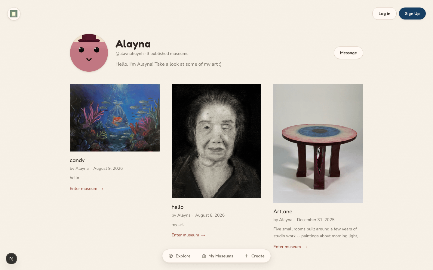 Artist profile page for Alayna showing an avatar, bio, and three published museum cards with Enter museum links.