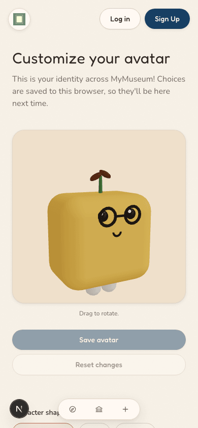 The same avatar editor stacked into a single mobile column, with the character preview above its customization controls.