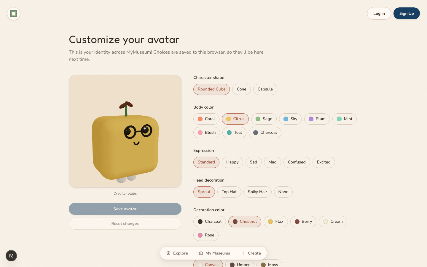 MyMuseum avatar editor showing a rounded-cube character with glasses and a sprout decoration, with body color, expression, and decoration controls beside it.