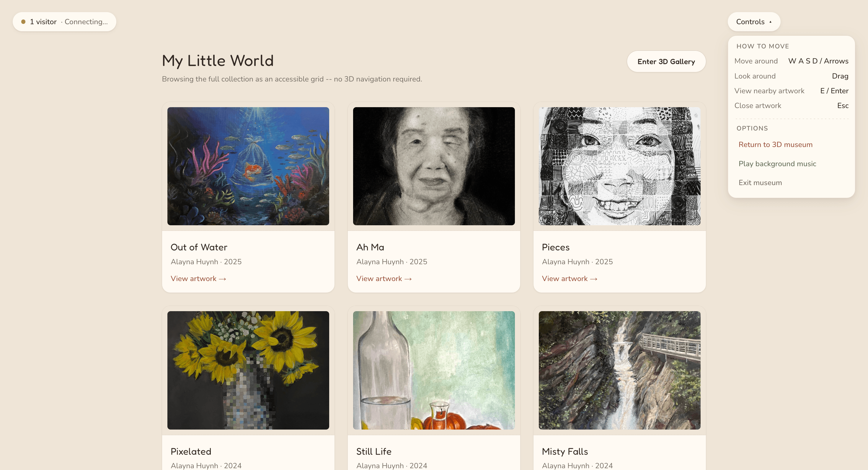 Accessible grid view of a museum's full collection as cards with thumbnails, titles, and View artwork links, with an Enter 3D Gallery button.
