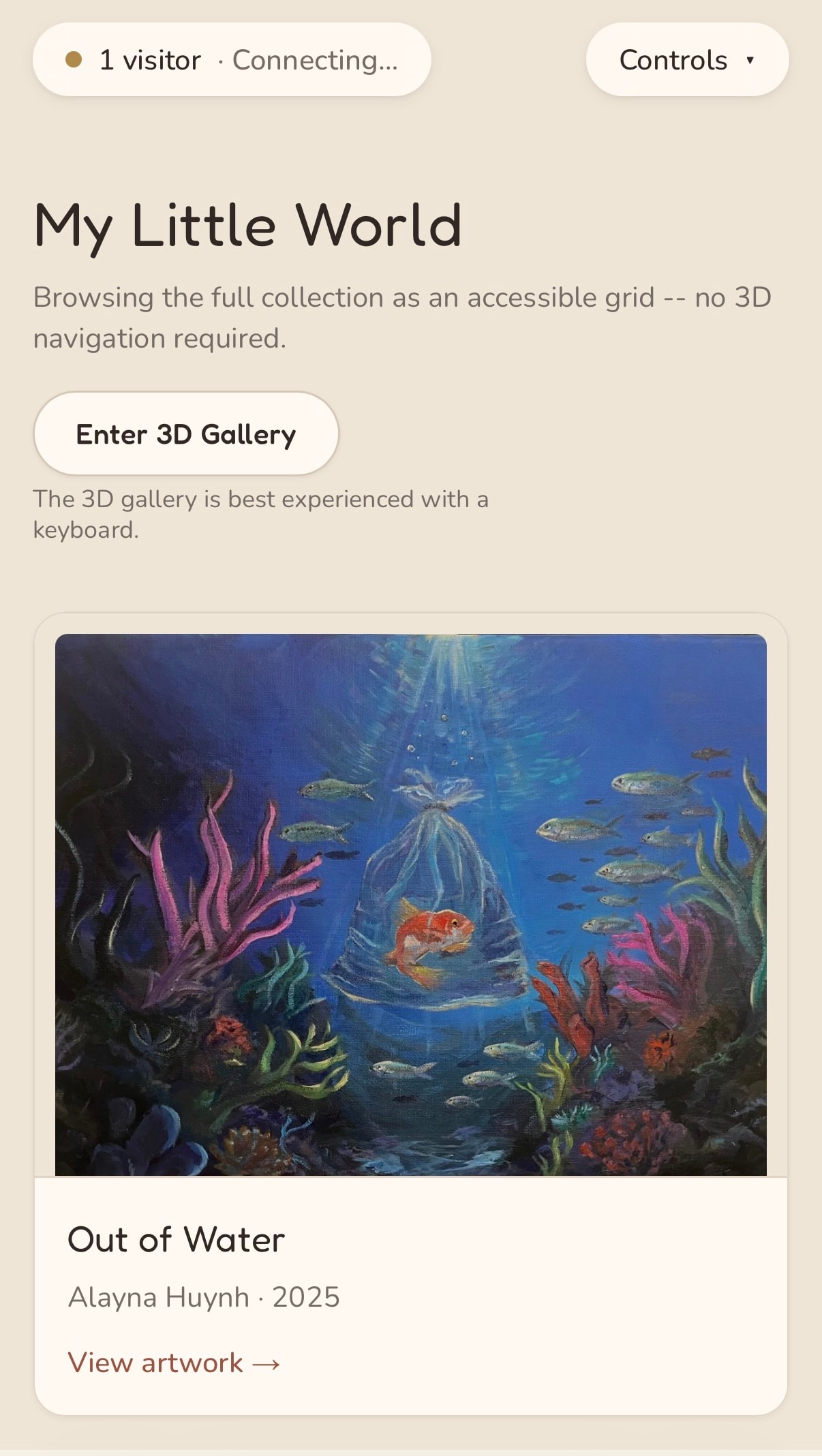 Grid View on a phone: the museum title, an Enter 3D Gallery button, and a single column of artwork cards with View artwork links.