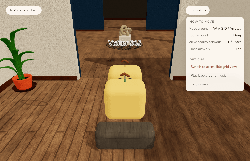 Two visitor avatars, one labeled Visitor 965, standing together in a gallery doorway with a live visitor count in the corner.