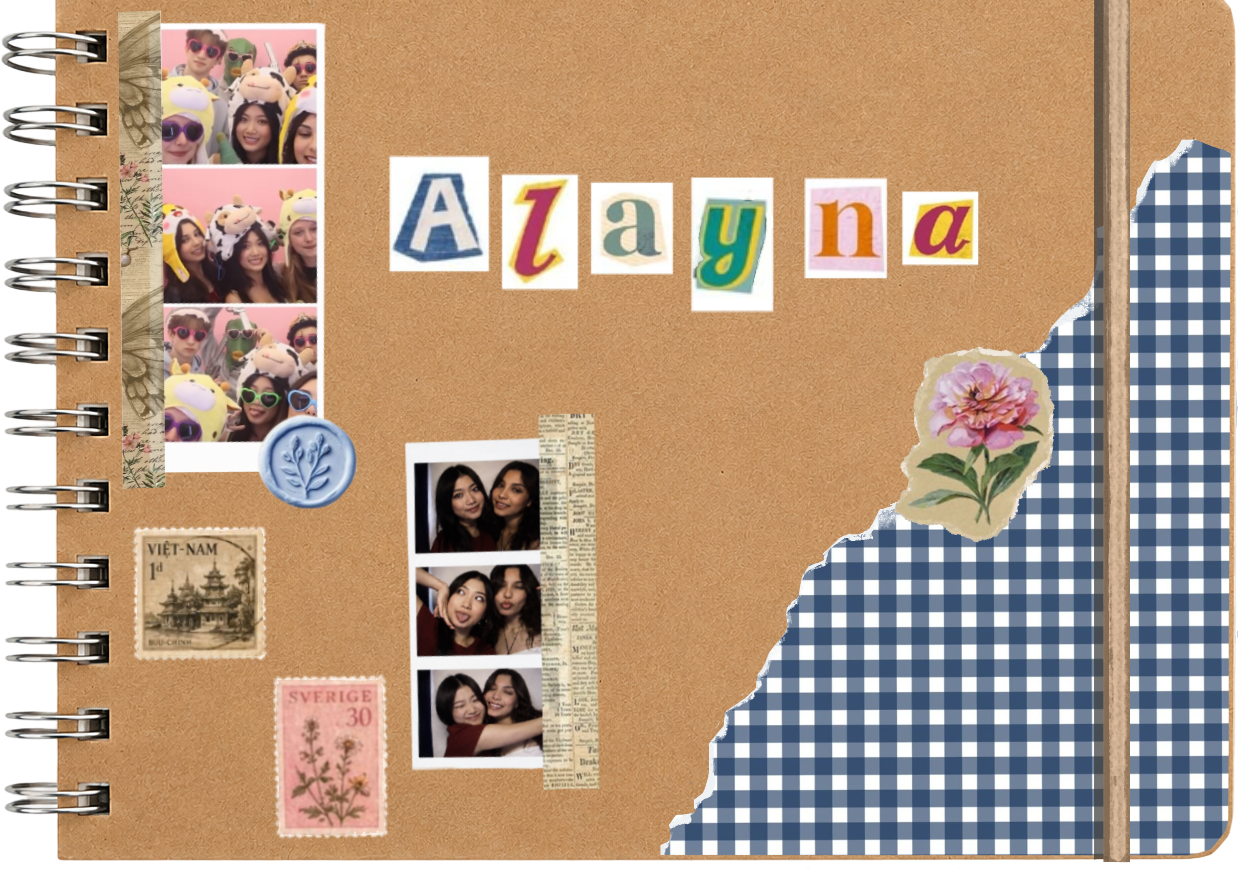 Alayna's sketchbook: a kraft-paper spiral notebook cover with magazine-cutout lettering, taped photo-booth strips, postage stamps, and a torn-gingham corner